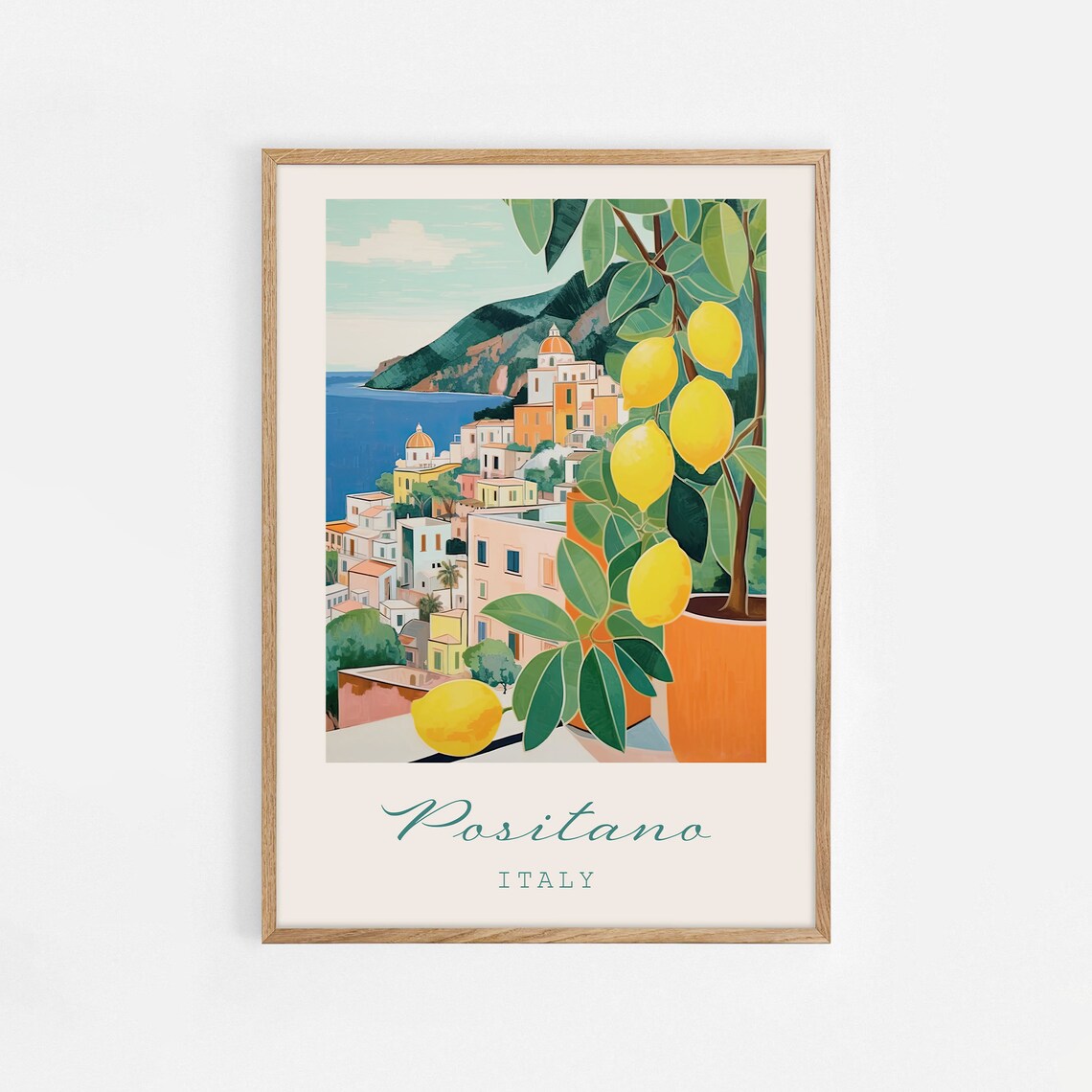 Positano Italy Vintage Travel Scene Amalfi Coast Lemon Poster