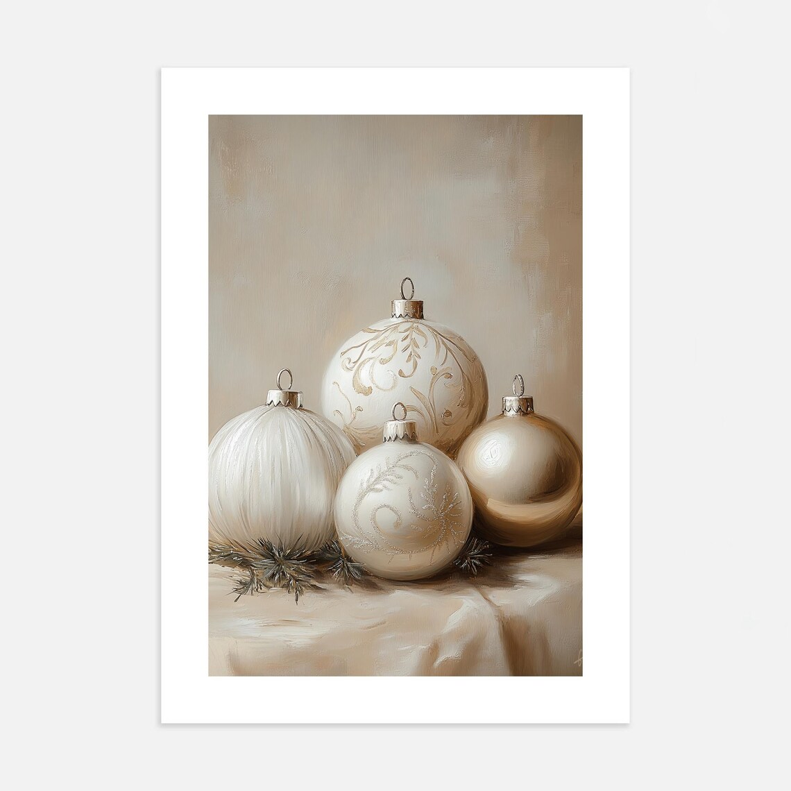 Cream Christmas Baubles Still Life Oil Painting Holiday Poster - Image 2