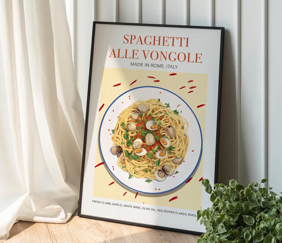 Spaghetti Alle Vongole Spaghetti Art Print Trendy Retro Wall Art Traditional Italian Food Wall Art Print Poster Foodie Gift Cafe Wall Art - Image 2