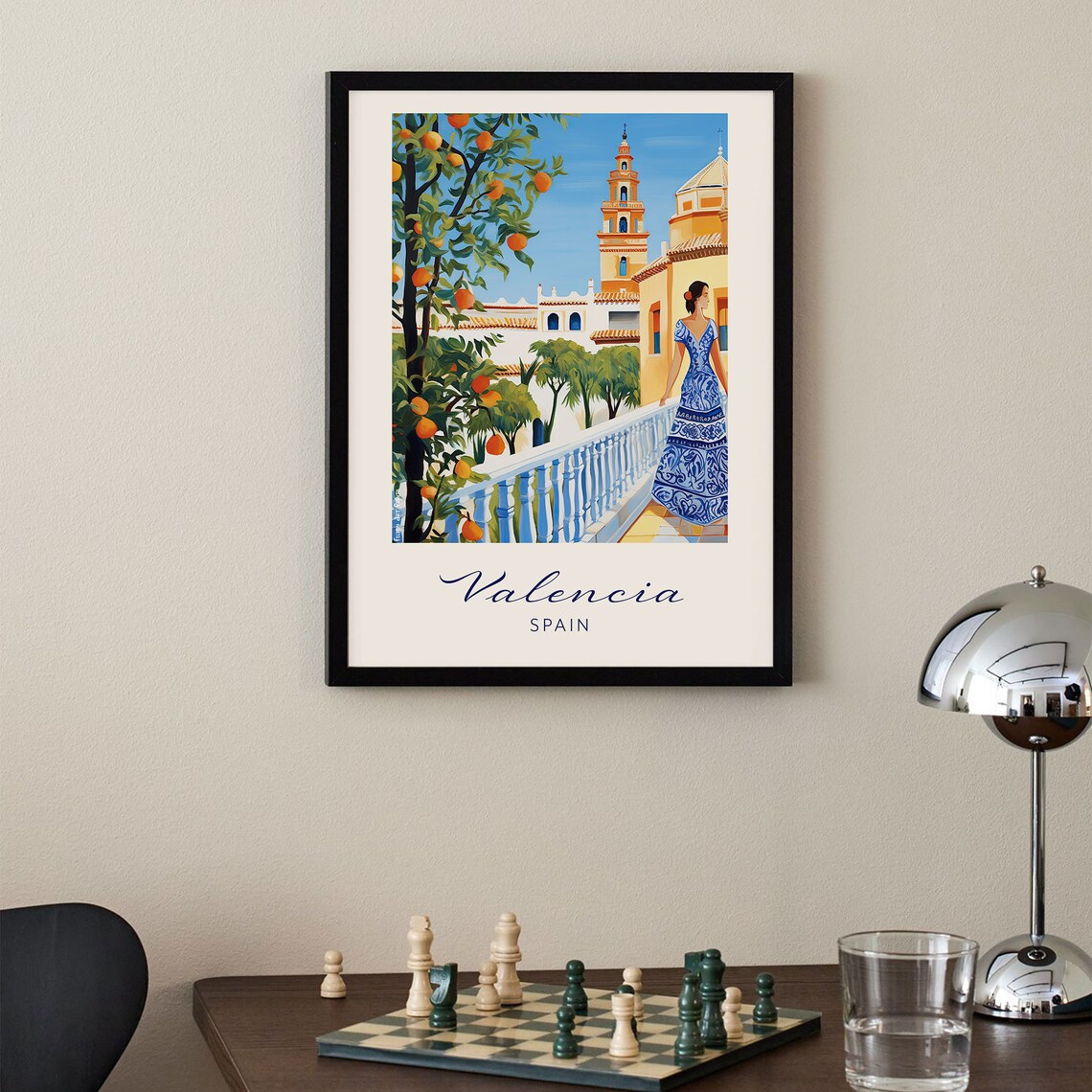 Valencia Spain Vintage Travel Poster Orange Terrace Spanish Church - Image 3