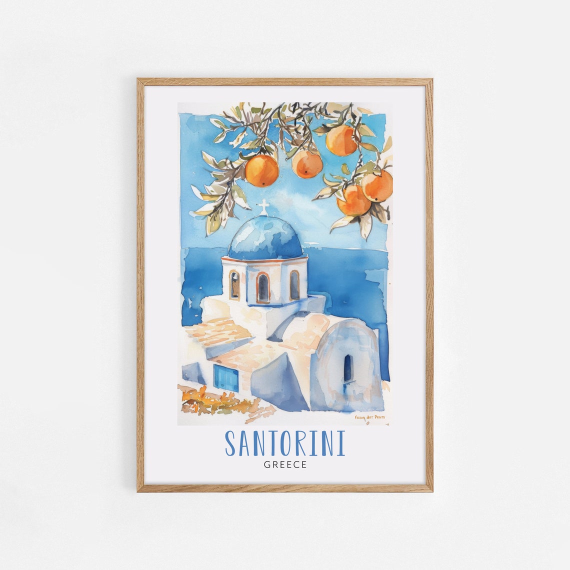 Santorini Greece Blue Dome Church Watercolor Travel Art Poster
