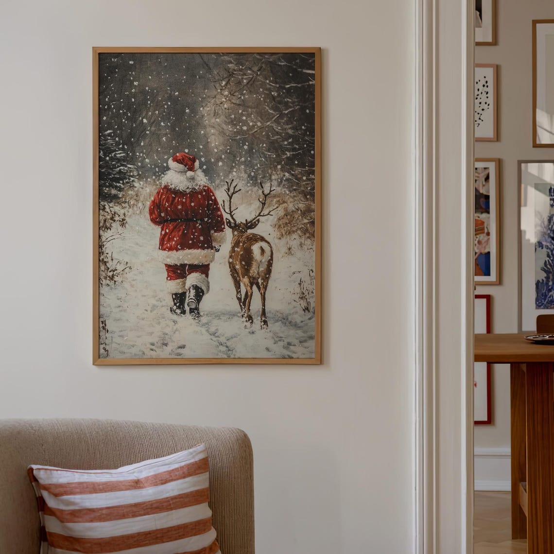Santa Claus and Reindeer Snowy Forest Falling Snow Art Poster - Image 3