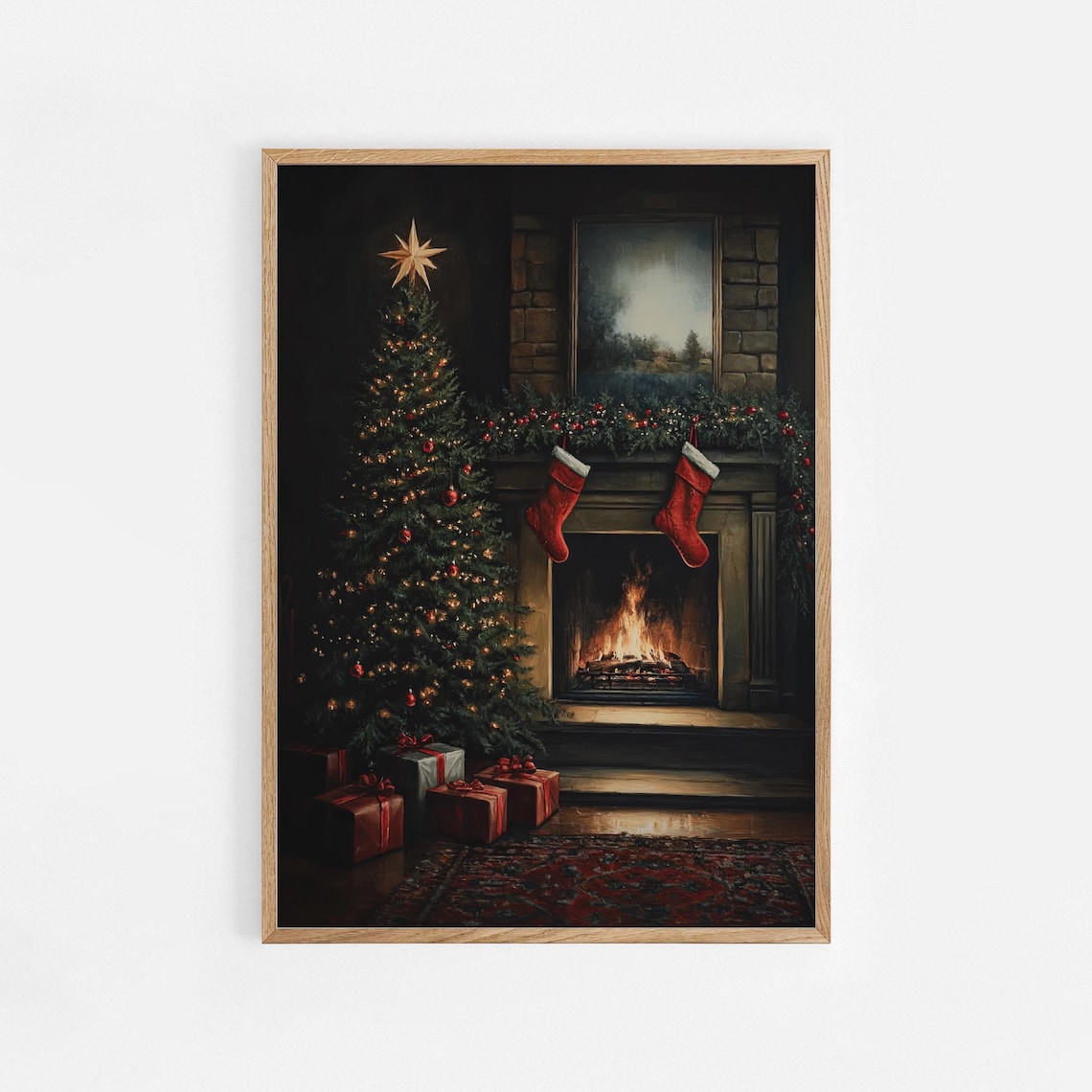 Cozy Christmas Living Room Fireplace Tree Night Scene Poster