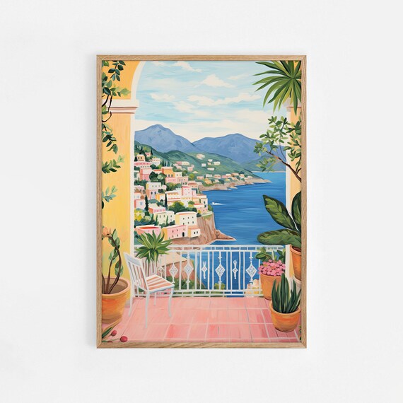 Mediterranean Terrace Balcony Overlooking Coastal Town Seascape Poster