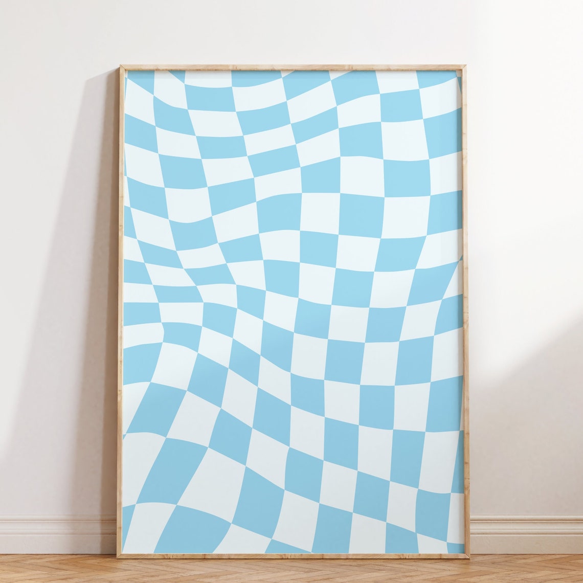 Blue White Wavy Checkerboard Groovy Optical Pattern Art Poster