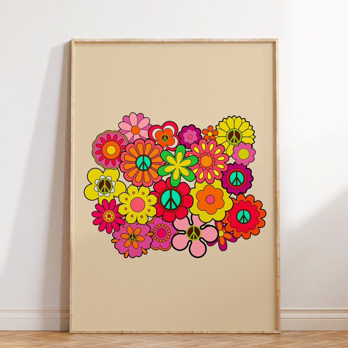 Hippie Peace Flower Bouquet Groovy Colorful Retro Floral Poster