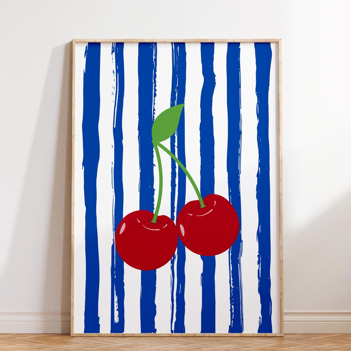 Red Cherries Blue Striped Preppy Kitchen Fruit Pop Art Print