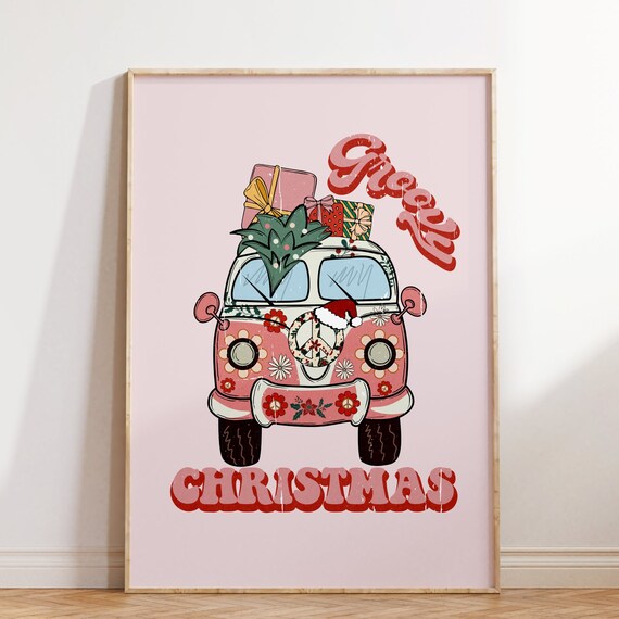 Groovy Christmas Print Retro Christmas Print Pink Christmas Poster Cute Print Wall Art Christmas Wall Art Holiday Poster