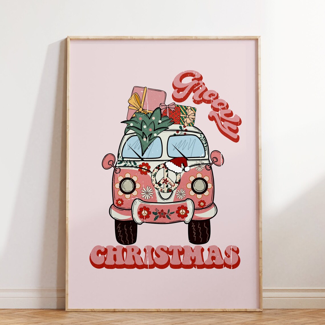 Groovy Christmas Pink Camper Van Poster Retro Holiday Flower Power