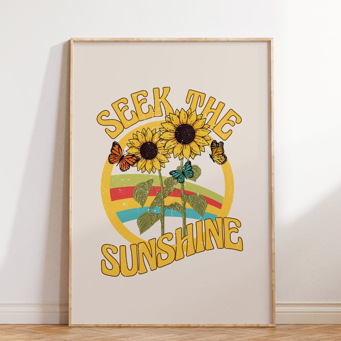 Seek The Sunshine Retro Sunflower Butterfly Groovy Quote Poster