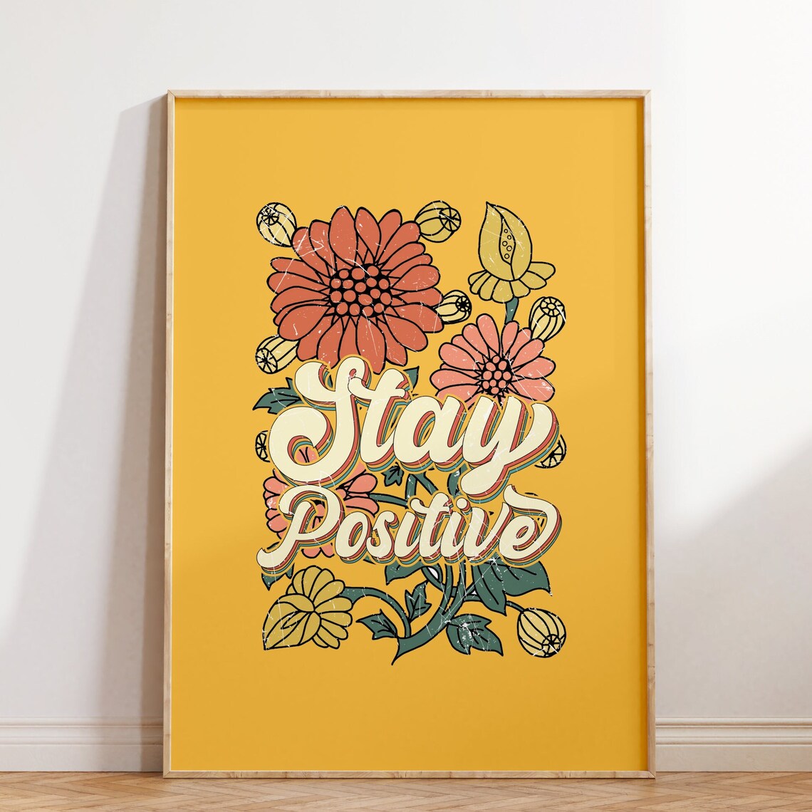 Stay Positive Retro Flower Wall Art Print