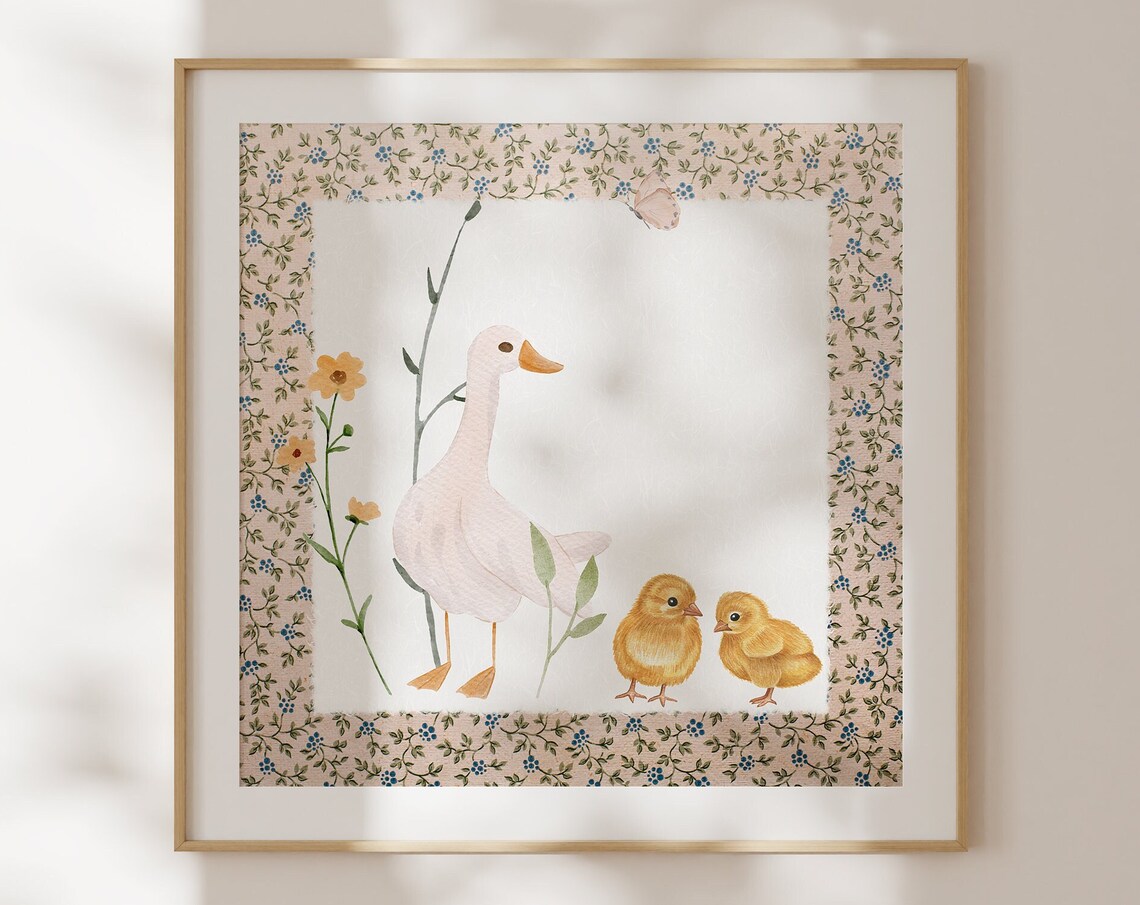 White Duck and Chicks Watercolor With Floral Border Nursery Poster