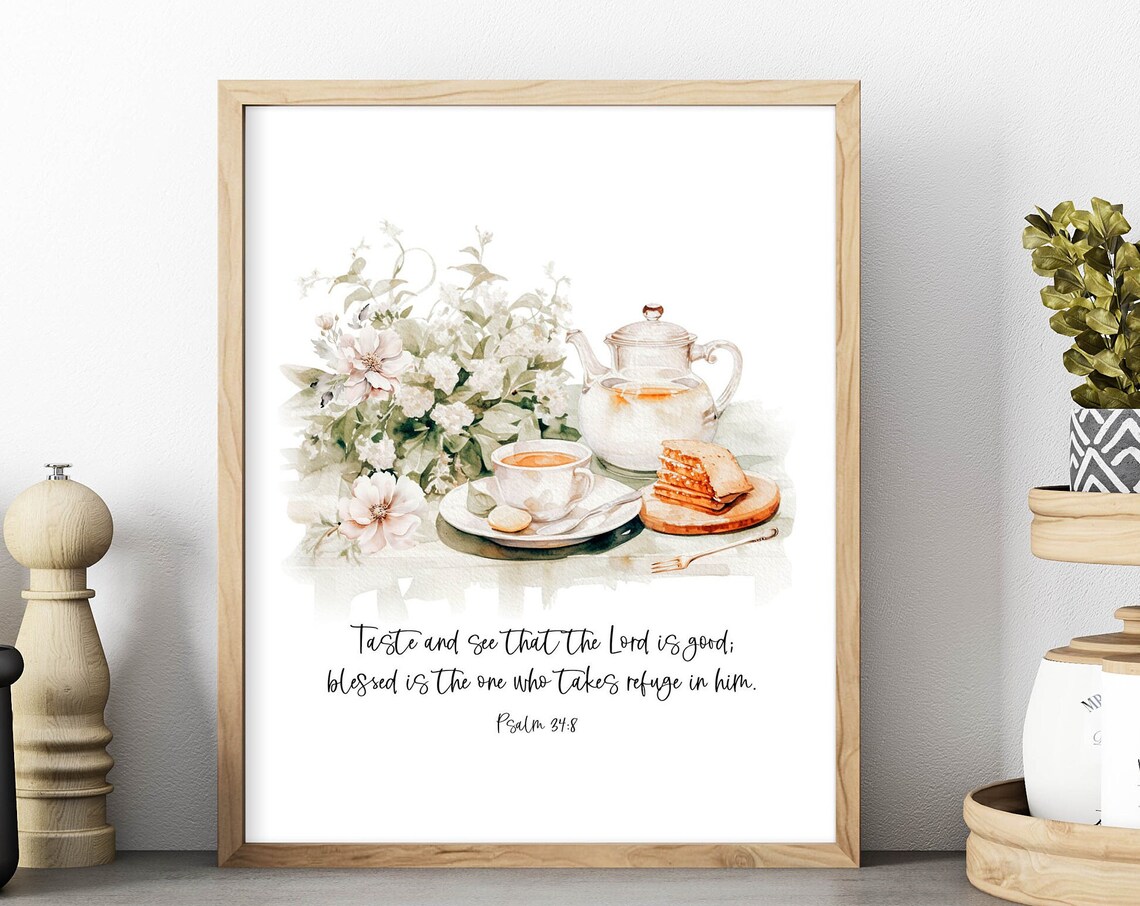 Psalm 34:8 Scripture Art Print, Cottage Decor