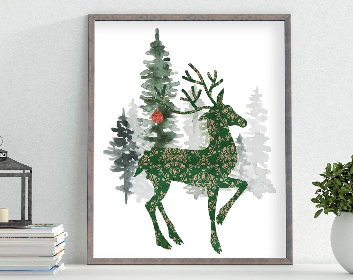 Emerald Green Damask Deer With Winter Pine Forest Holiday Poster