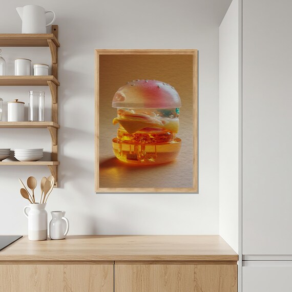 Futuristic Glass Transparent Burger Neon Pop Art Kitchen Poster