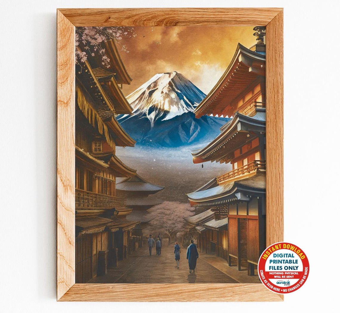 Mount Fuji Japan Sunset Traditional Pagoda Street Digital Poster