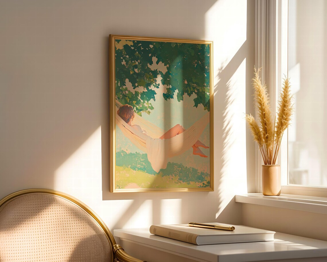 Woman Relaxing in Hammock Under Green Trees Summer Art Poster - Image 2