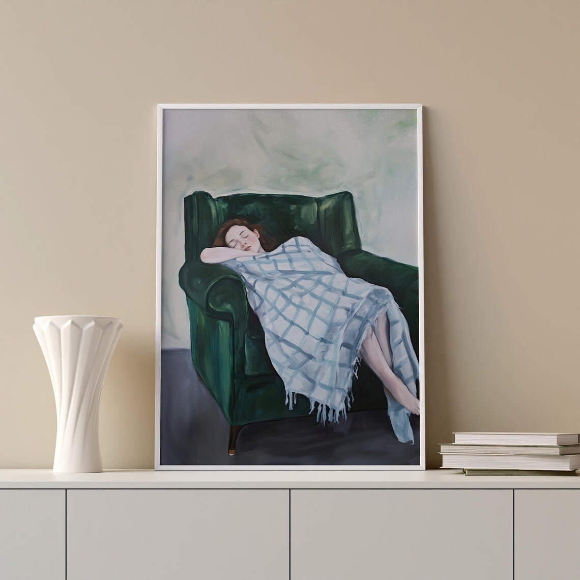Sleeping Woman in Green Armchair Under Plaid Blanket Art Poster - Image 4