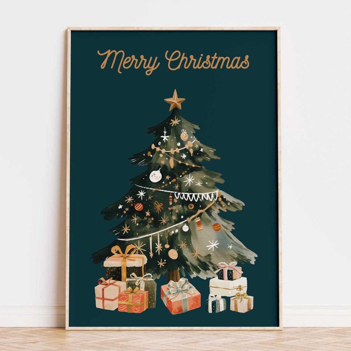 Festive Gold Merry Christmas Script Teal Tree Gifts Holiday Poster