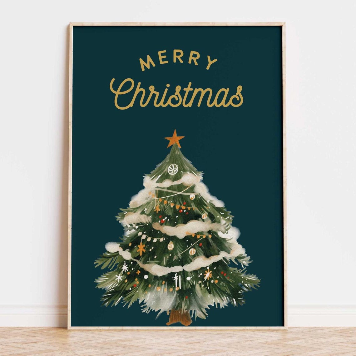 Elegant Gold Merry Christmas Script Teal Snowy Tree Holiday Poster