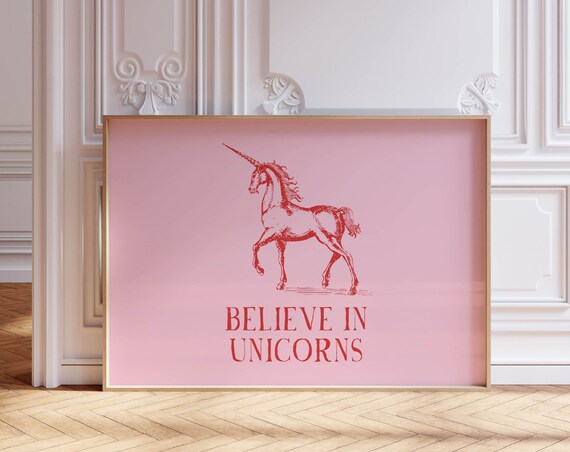 Believe In Unicorns Pink Red Unicorn Engraving Kids Room Poster
