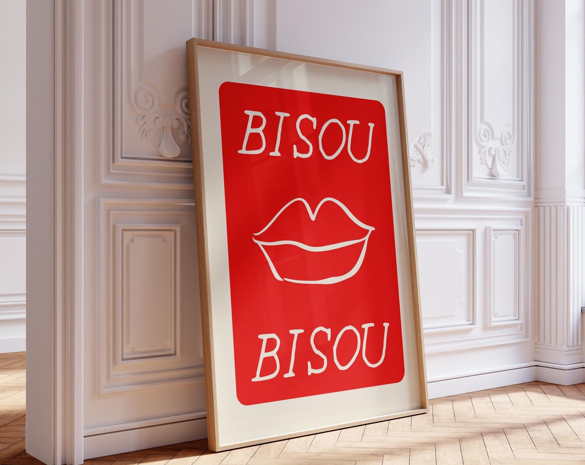 Bisou Bisou Poster Trendy Wall Art French Poster Retro Print Cute Quote Print Love Poster Typography Art Trendy French Decor Art Red