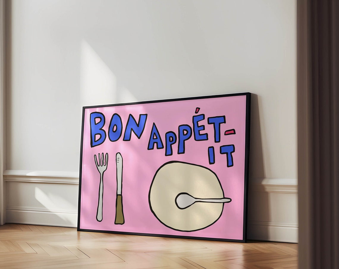 Bon Appetit Pink Horizontal Kitchen Decor Fork Knife Plate Poster - Image 2
