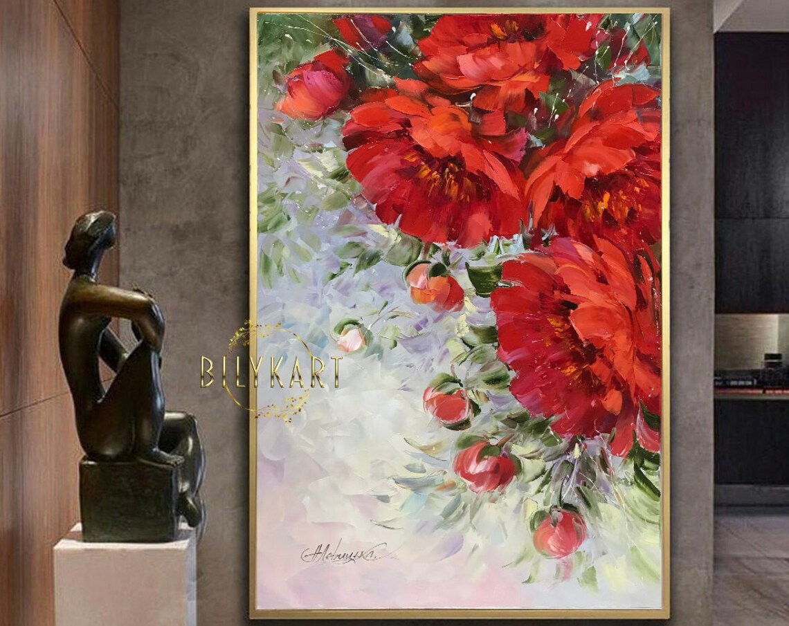 Abstract Peony Painting On Peonies Painting 30x40 Floral Wall Art Red Peony Flower Art Peonies Artwork Red Flowers Painting 40x60