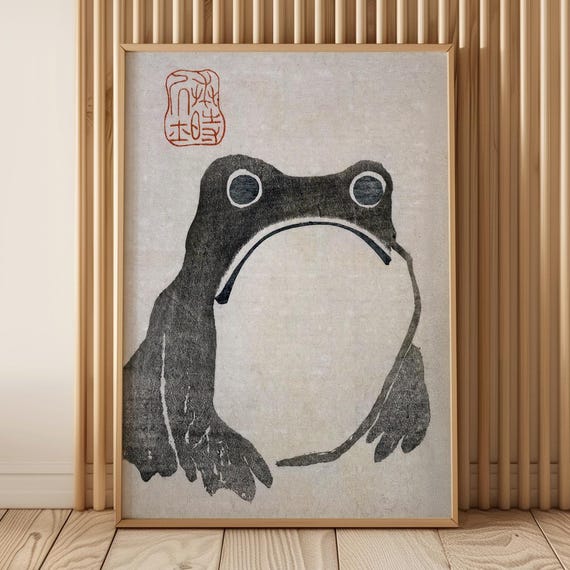 Japanese Frog Art 1814 Matsumoto Hoji Kaeru Vintage Edo Raw Woodblock Style Wall Minimalist Zen Japandi Toad Illustration