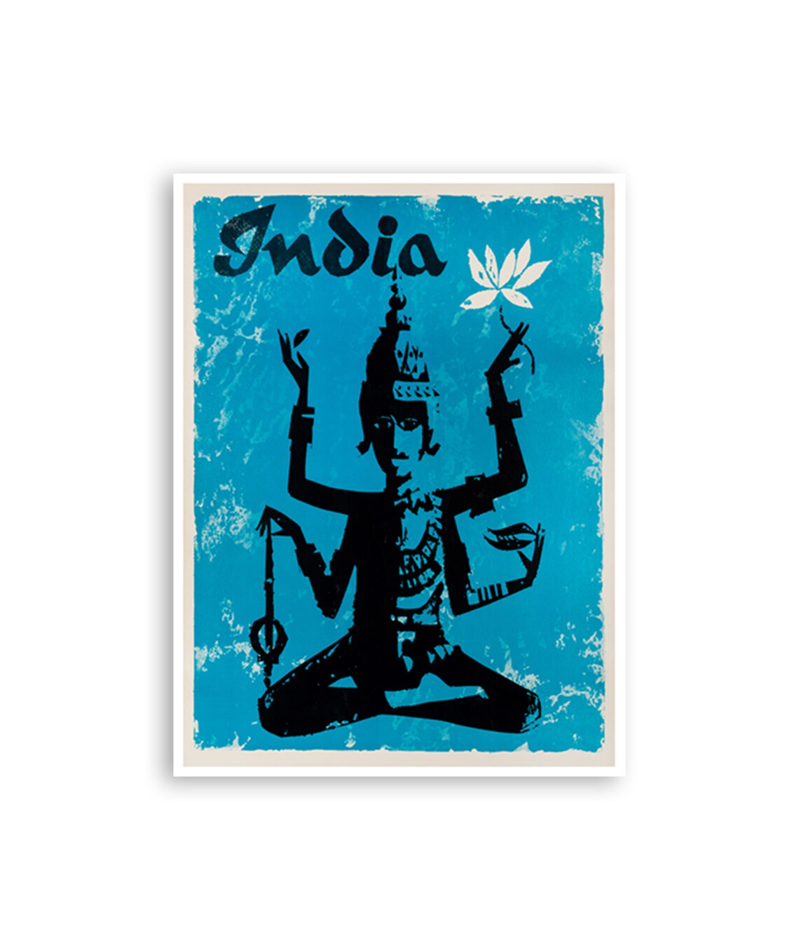 India Turquoise Multi Armed Hindu Deity Lotus Vintage Travel Poster
