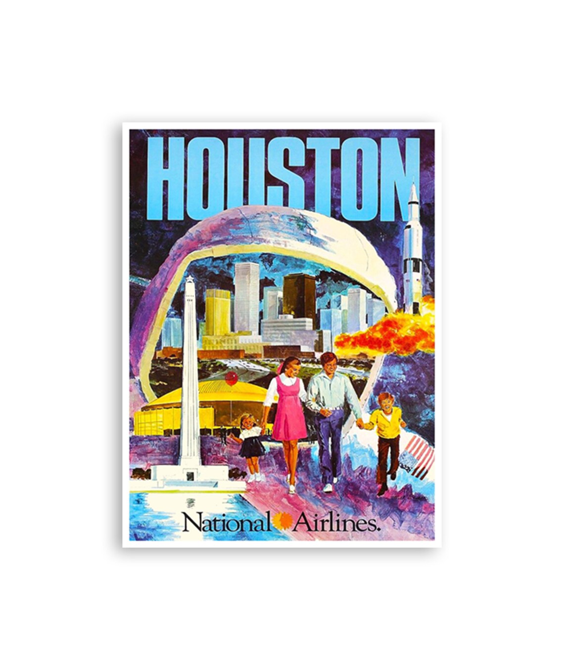 Houston National Airlines Space Rocket Family Vintage Travel Poster