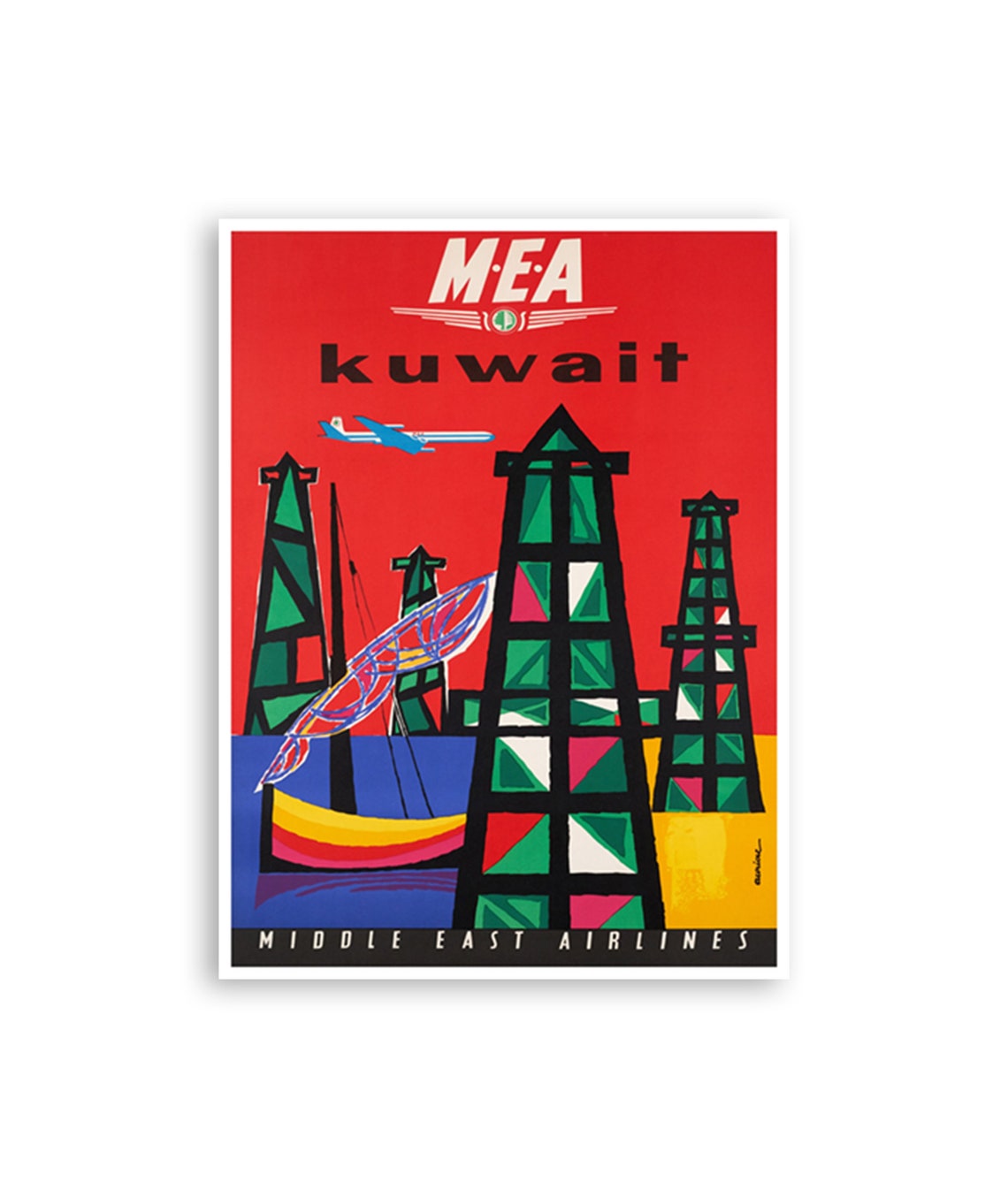 Kuwait Vintage MEA Airline Oil Derricks Dhow Art Travel Poster