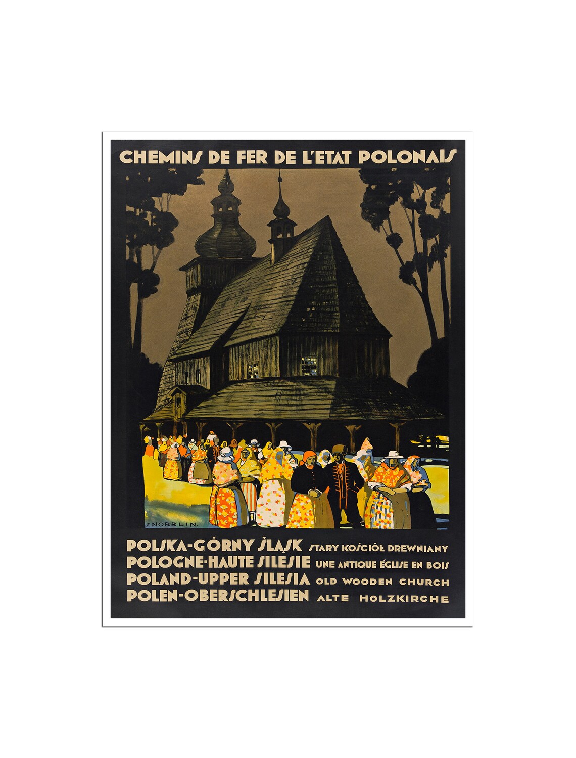 Poland Upper Silesia Wooden Church Folk Vintage Travel Poster Art