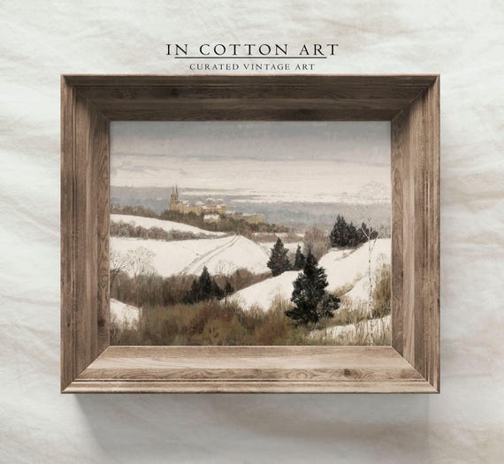 Vintage Snowy Landscape Painting Art Print Of Village In Winter Farmhouse Style Decor For Holiday Rustic Chritsmas Art P218