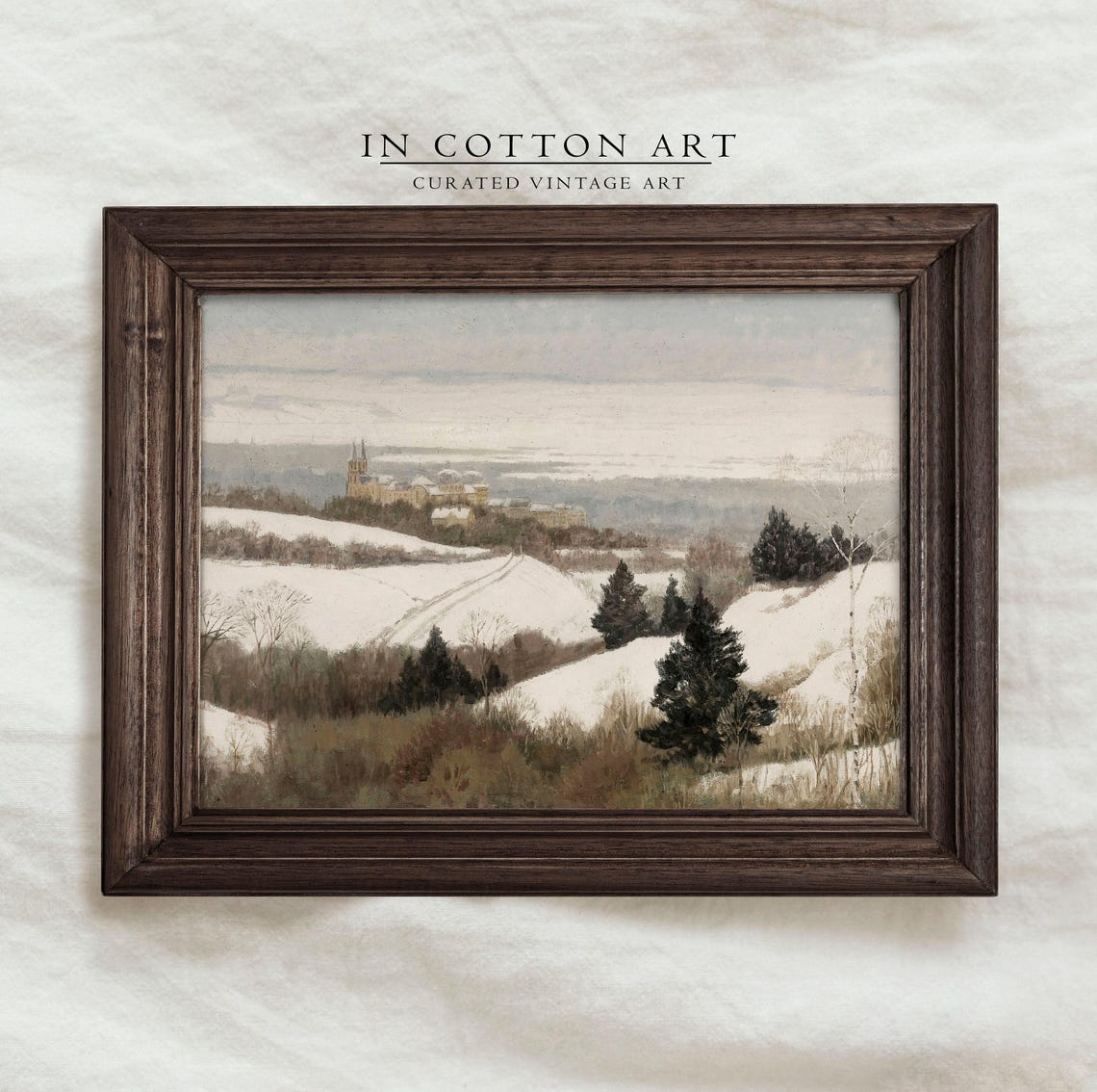 Vintage Snowy Landscape Painting Art Print Of Village In Winter Farmhouse Style Decor For Holiday Rustic Chritsmas Art P218 - Image 3