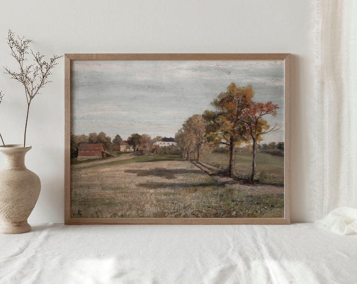 Autumn Farmstead Red Barn Tree Lined Lane Vintage Fall Painting - Image 2