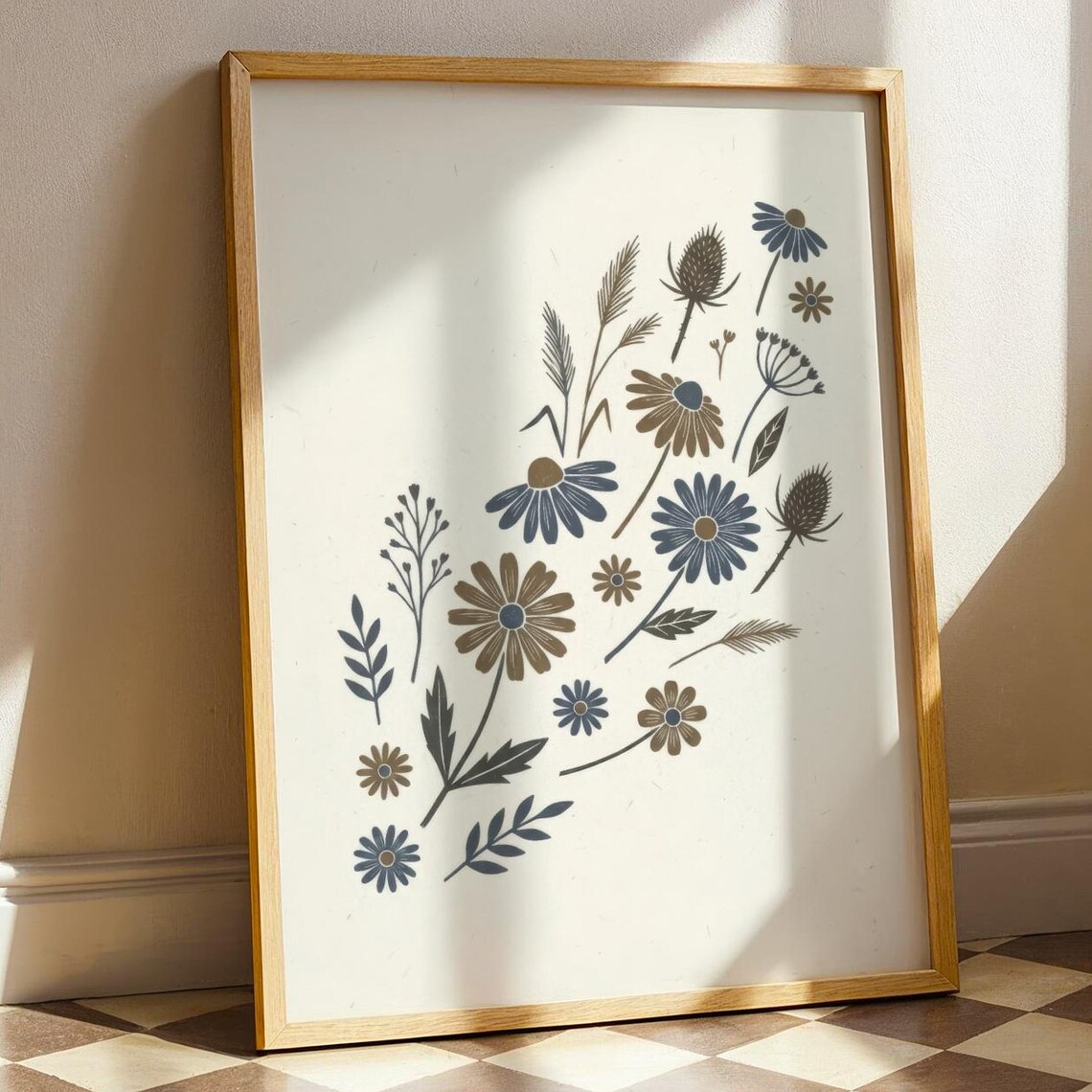 Muted Wildflower Folk Art Poster in Dusty Blue and Brown Tones
