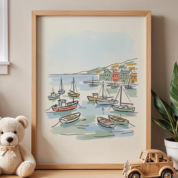 Busy Harbor Boats Print Nautical Nursery Decor Coastal Kids Room Art Vintage Sailboat Poster Scandinavian Baby Digital Download