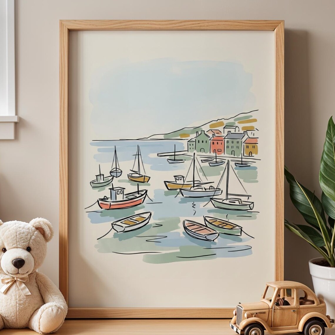 Busy Harbor Boats Nautical Nursery Watercolor Coastal Art Print