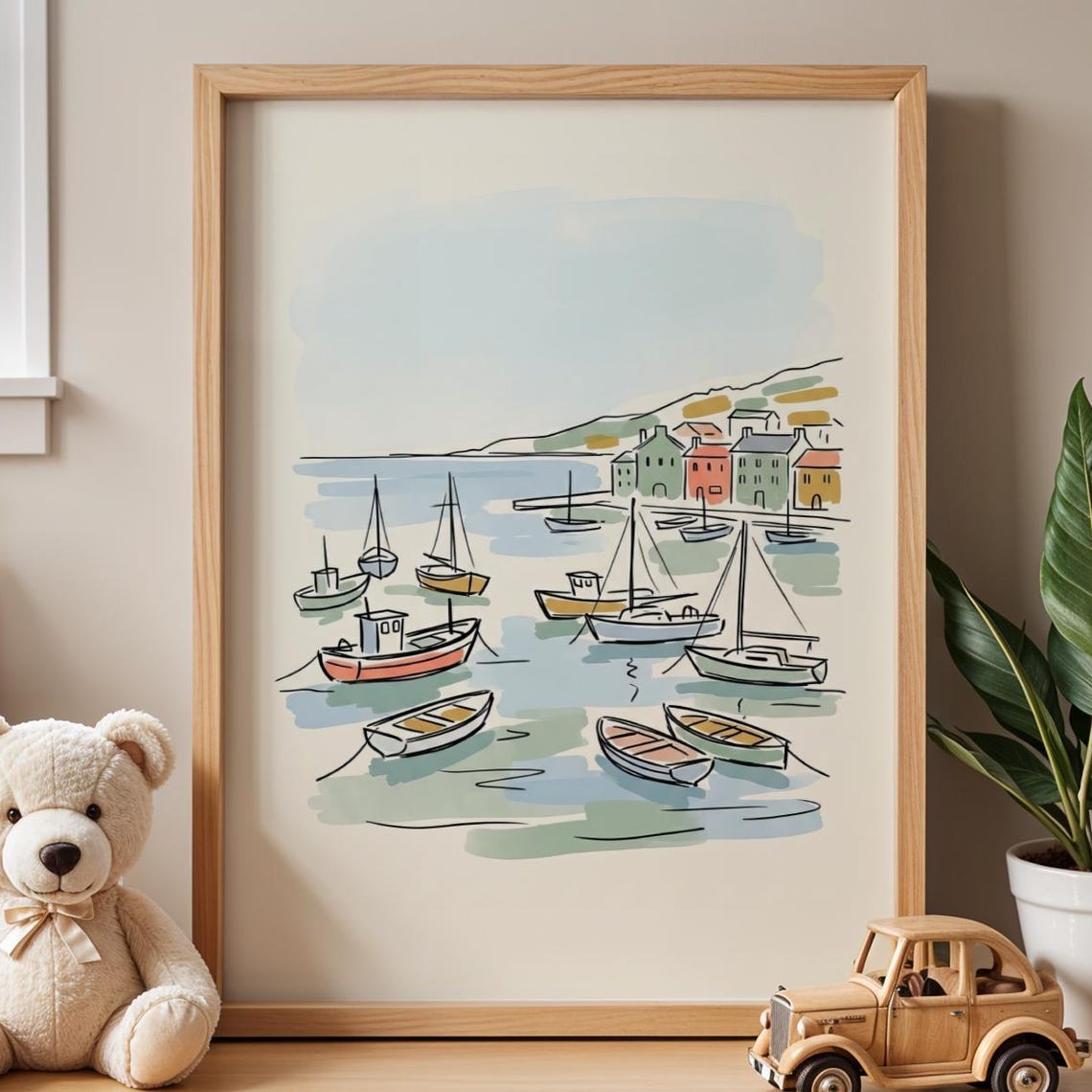 Busy Harbor Boats Print Nautical Nursery Decor Coastal Kids Room Art Vintage Sailboat Poster Scandinavian Baby Digital Download
