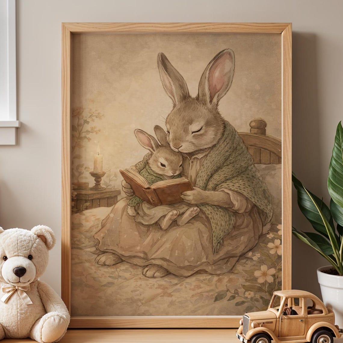 Mama Bunny Reading Bedtime Story Vintage Rabbit Nursery Poster