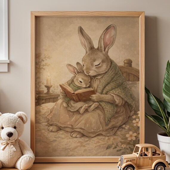 Mama Bunny Reading Bedtime Story Vintage Rabbit Nursery Poster