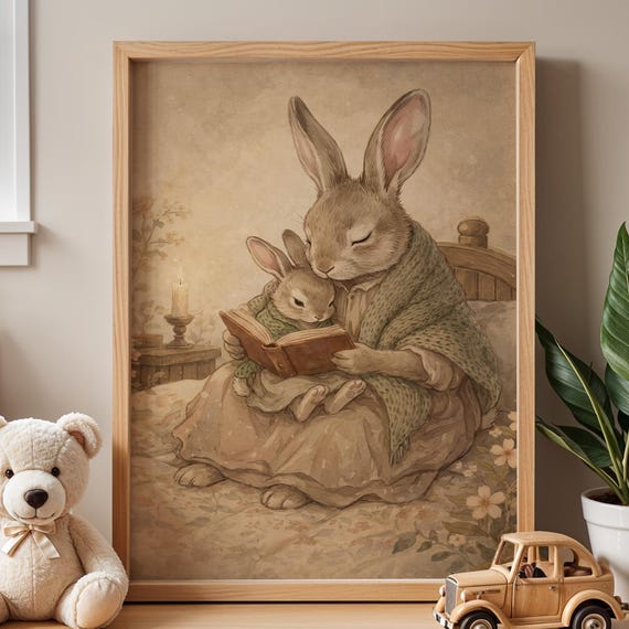 Peter Rabbit Mama Bedtime Story Print Bunny Nursery Wall Art Mother Baby Reading Storybook Cottagecore Decor Digital Download