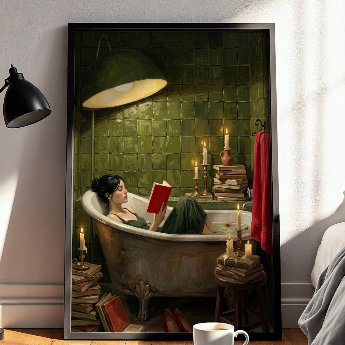 Woman Reading in a Candlelit Bathtub Moody Emerald Green Poster
