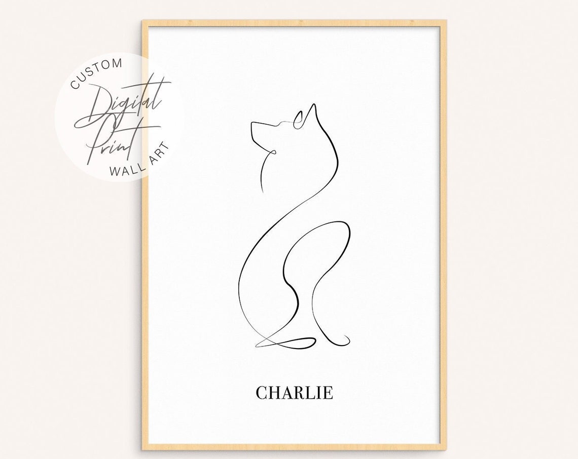 Collie Dog One Line Drawing Custom Pet Name Minimalist Wall Poster