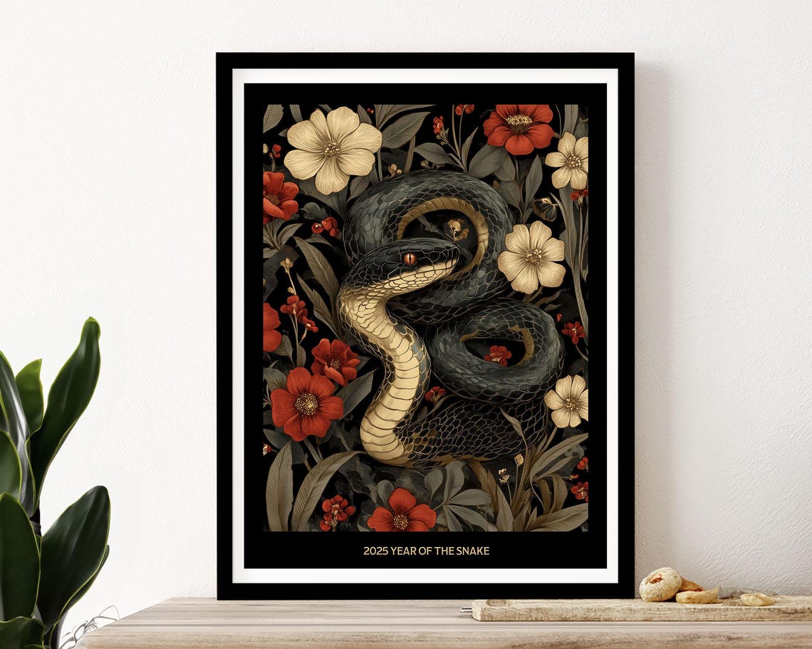 2025 Year of the Snake Coiled Snake Red Flowers Dark Botanical Poster