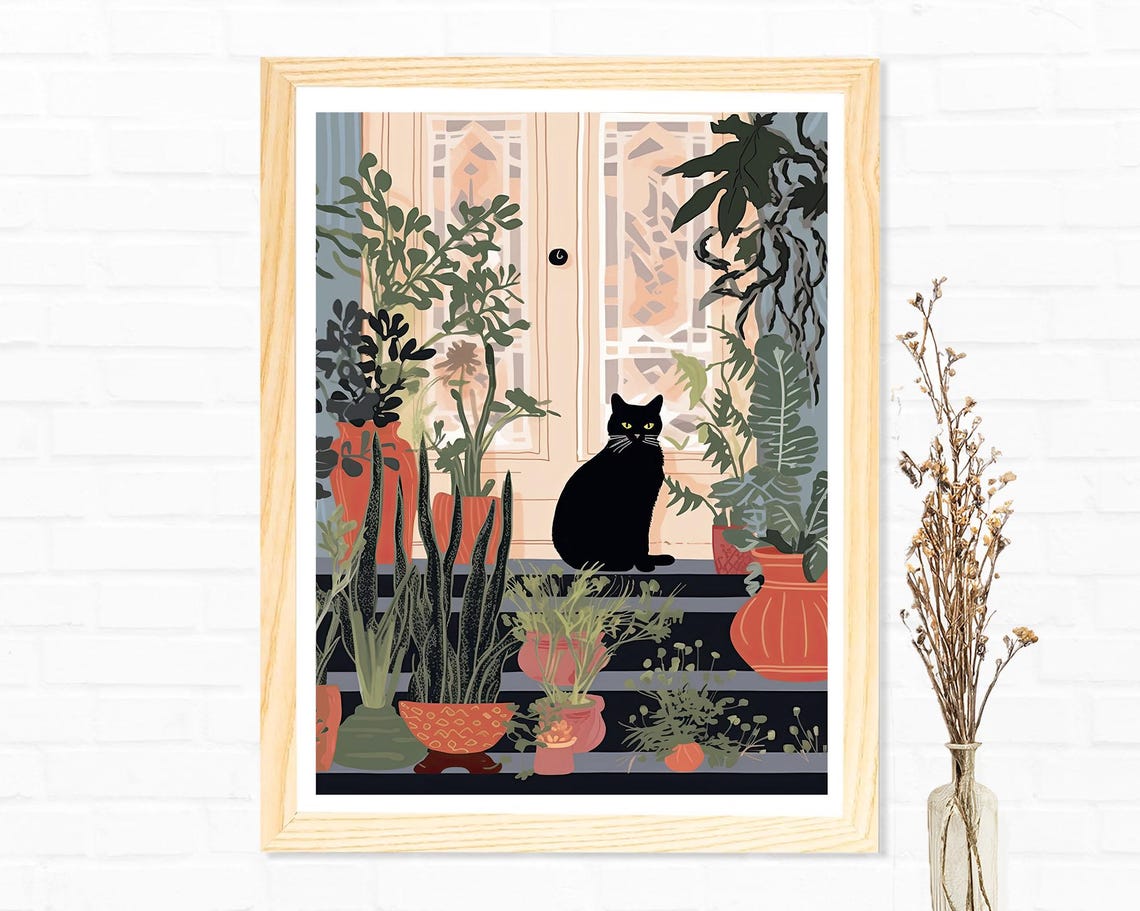 Black Cat Sitting Among Potted House Plants Botanical Art Poster
