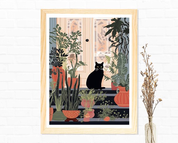 Black Cat Sitting Among Potted House Plants Botanical Art Poster