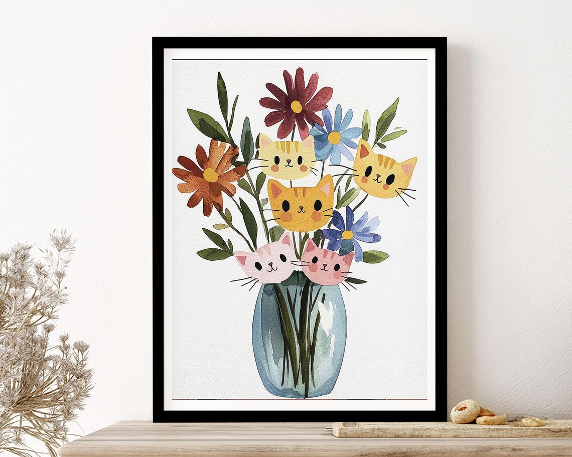 Cute Cats in Flower Bouquet Watercolor Kittens Daisy Vase Poster - Image 3