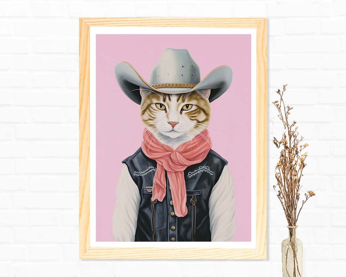 Cowboy Cat Portrait Ginger Cat Western Hat Pink Quirky Pet Decor Poster - Image 3